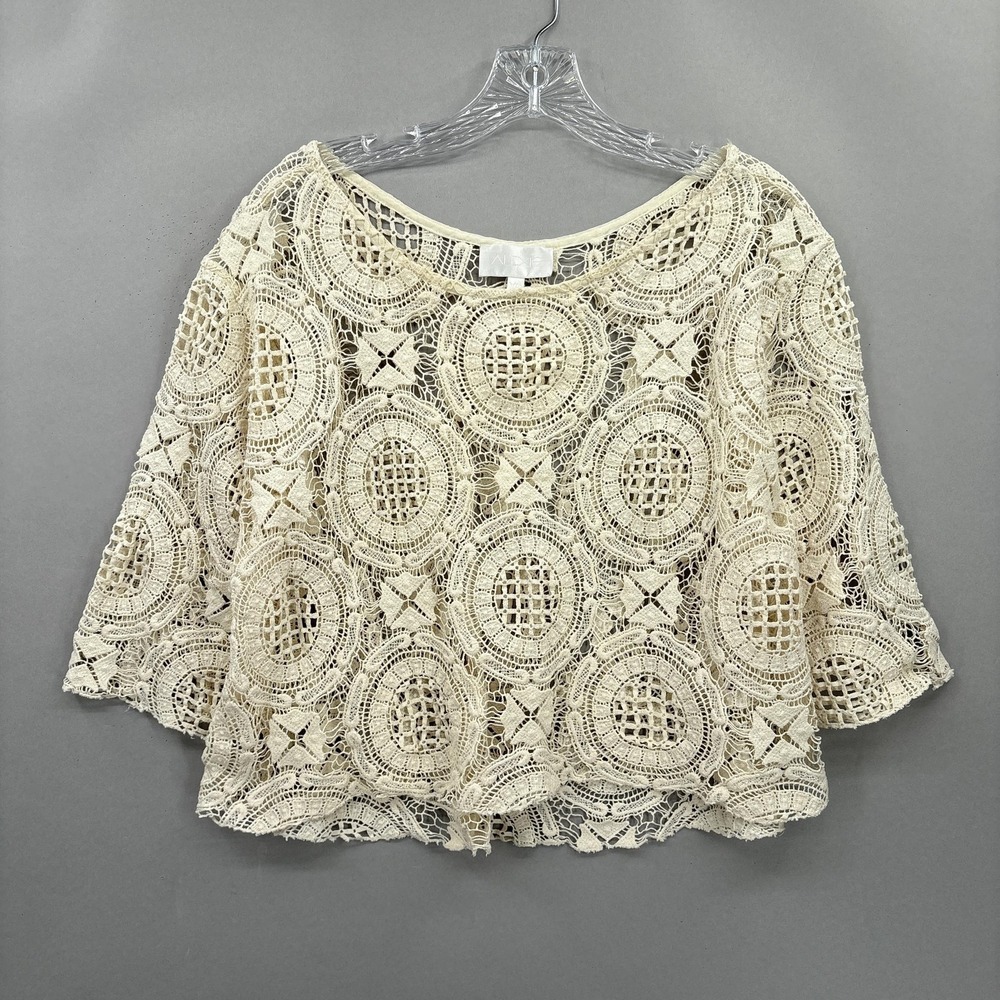 Alexis Crochet Lace Top Womens XS White Sheer Boho Blouse 3/4 Sleeve Crop‎